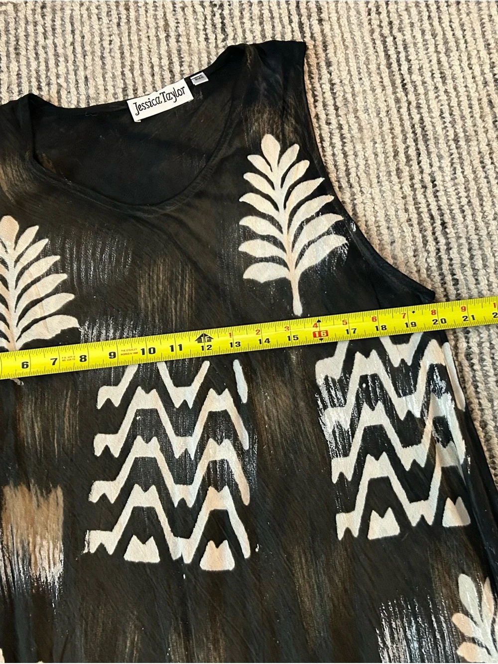 Jessica Taylor One Size Rayon Black Dress White Tribal Leaf Print Boho